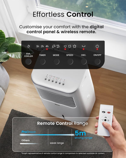 Pro Breeze 4-in-1 Air Cooler with 10 Litre Capacity, Remote Control, 3 Fan Speeds & LED Display. Powerful Evaporative Air Cooler