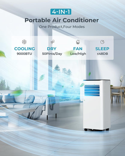 Air Conditioning Unit - Portable Air Conditioner 9000 BTU, 4-in-1 Energy Efficient Cooling & Dehumidifier, Quiet Operation